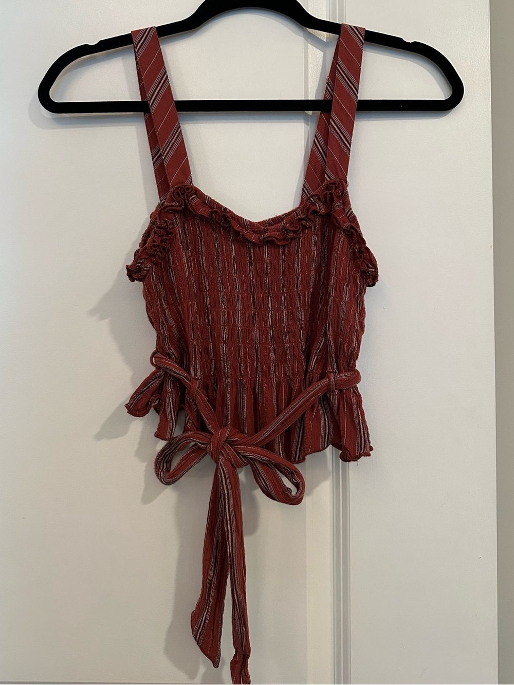 American Eagle Small Rust Black & White Smocked Striped Cropped Tank